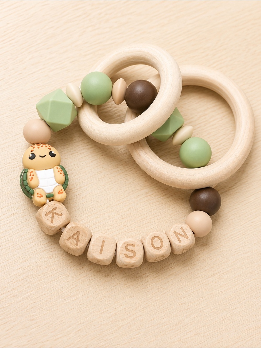 Personalized Wooden Teething Ring Rattle - Sage & Natural